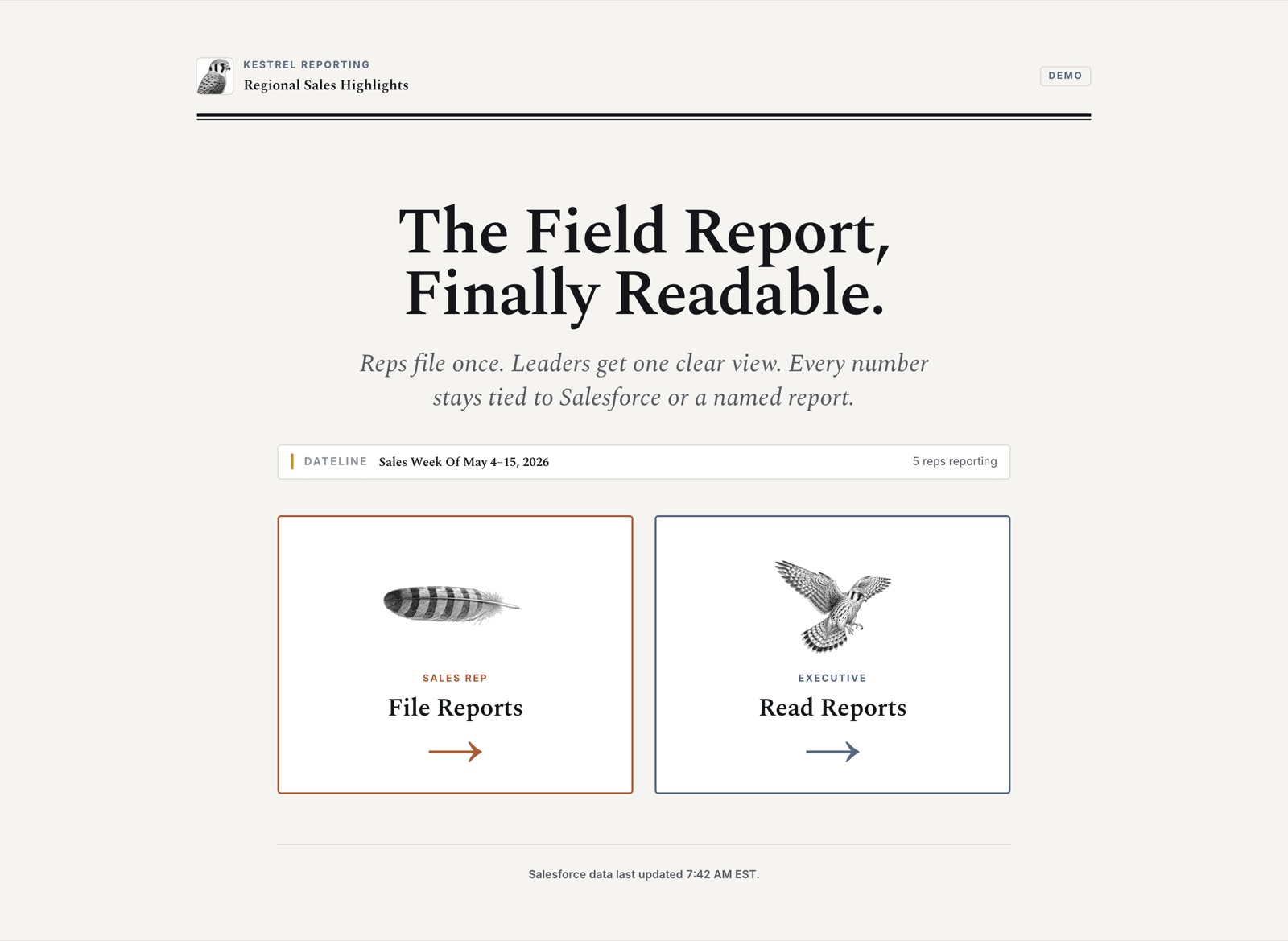 Kestrel landing page with separate entry points for sales reps and executives
